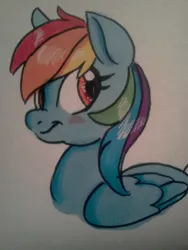 Size: 720x960 | Tagged: safe, artist:dragonfruitdarigan, derpibooru import, rainbow dash, pegasus, pony, blushing, female, looking back, mare, simple background, smiling, solo, traditional art