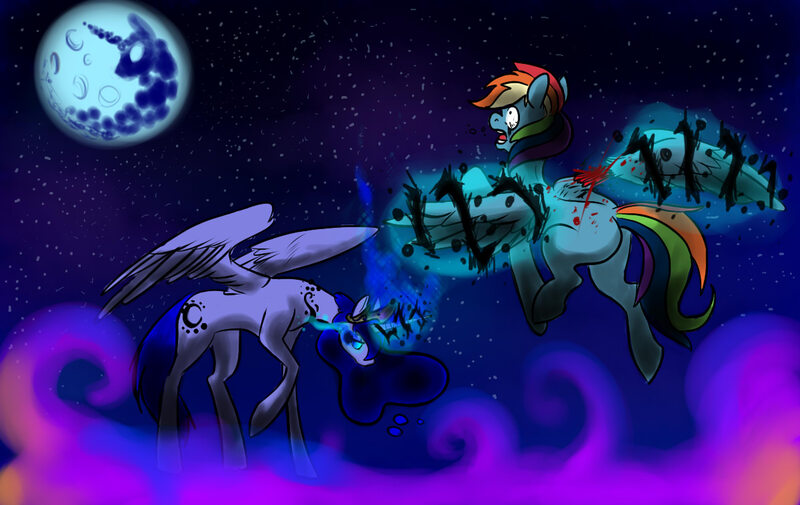 Size: 1200x758 | Tagged: grimdark, artist:dragonfruitdarigan, derpibooru import, rainbow dash, oc, oc:absolon nocturne, alicorn, pegasus, pony, abuse, alicorn oc, amputation, blood, cutie mark, dashabuse, duo, ethereal mane, female, full moon, glowing horn, horn, magic, mare, mare in the moon, missing cutie mark, moon, open mouth, sombra eyes, stars, wing amputee, wings