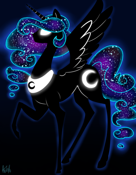 Size: 700x900 | Tagged: safe, artist:dragonfruitdarigan, derpibooru import, princess luna, alicorn, pony, cutie mark, ethereal mane, female, galaxy mane, glow, glowing horn, gradient background, horn, mare, missing accessory, peytral, raised hoof, redraw, solo, spread wings, starry mane, stylized, wings