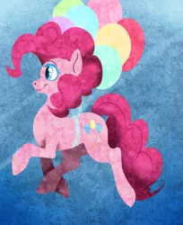 Size: 675x829 | Tagged: safe, artist:dragonfruitdarigan, derpibooru import, part of a set, pinkie pie, earth pony, pony, abstract background, balloon, female, floating, mare, raised hoof, smiling, solo, then watch her balloons lift her up to the sky