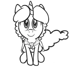 Size: 862x774 | Tagged: artist needed, safe, derpibooru import, oc, oc:marker pony, unofficial characters only, pony, unicorn, /mlp/, 4chan, cape, clothes, cute, female, looking at you, mare, mlpg, monochrome, simple background, sitting, solo, white background