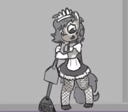 Size: 575x502 | Tagged: anthro, artist:davierocket, blushing, clothes, crossdressing, derpibooru import, fishnets, maid, maid headdress, male, oc, oc:longfolia, safe, simple background, solo, sweeping