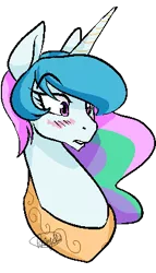 Size: 240x420 | Tagged: safe, artist:dragonfruitdarigan, derpibooru import, edit, princess celestia, pony, blushing, bust, cropped, ethereal mane, eyebrows visible through hair, female, mare, missing accessory, peytral, pixel art, raised eyebrow, simple background, solo, transparent background