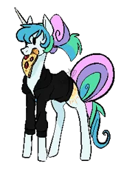 Size: 230x310 | Tagged: safe, artist:dragonfruitdarigan, derpibooru import, edit, princess celestia, alicorn, pony, alternate hairstyle, clothes, cropped, dot eyes, female, food, hair bun, jacket, mare, meat, missing accessory, mouth hold, pepperoni, pepperoni pizza, pixel art, pizza, simple background, solo, tail bun, transparent background