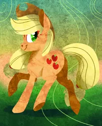 Size: 650x800 | Tagged: safe, artist:dragonfruitdarigan, derpibooru import, part of a set, applejack, earth pony, pony, abstract background, cutie mark, female, looking back, mare, raised hoof, redraw, smiling, solo