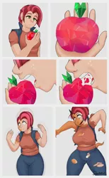 Size: 1825x2961 | Tagged: apple, artist:doggomeatball, babs seed, big breasts, breast expansion, breasts, busty babs seed, clothes, comic, derpibooru import, dragon, dragoness, eating, female, food, growth, human, humanized, human to anthro, human to dragon, panties, ripping clothes, solo, solo female, suggestive, surprised, transformation, underwear, white underwear