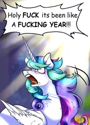 Size: 650x900 | Tagged: safe, artist:dragonfruitdarigan, derpibooru import, princess celestia, alicorn, pony, dialogue, female, mare, missing accessory, open mouth, salivating, solo, speech, speech bubble, talking, vulgar, yelling