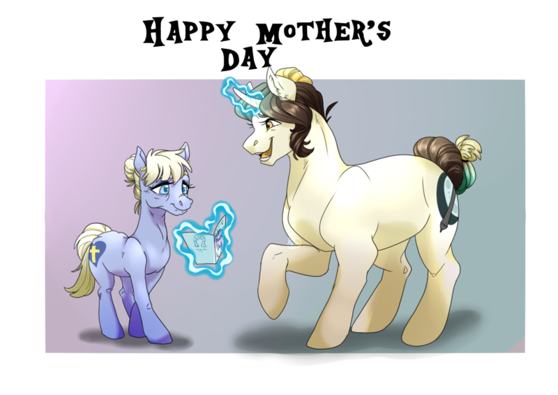 Size: 1280x906 | Tagged: safe, artist:dragonfruitdarigan, derpibooru import, oc, unofficial characters only, earth pony, pony, unicorn, abstract background, curved horn, cute, cutie mark, duo, female, gift art, grandmother, grandmother and grandchild, heartwarming, horn, magic, mare, mother's day, old, open mouth, ponysona, size difference, telekinesis