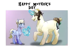 Size: 1280x906 | Tagged: safe, artist:dragonfruitdarigan, derpibooru import, oc, unofficial characters only, earth pony, pony, unicorn, abstract background, curved horn, cute, cutie mark, duo, female, gift art, grandmother, grandmother and grandchild, heartwarming, horn, magic, mare, mother's day, old, open mouth, ponysona, size difference, telekinesis