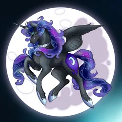 Size: 950x950 | Tagged: safe, artist:dragonfruitdarigan, derpibooru import, nightmare moon, alicorn, pony, tumblr:ask queen moon, beauty mark, crying, cutie mark, ethereal mane, eyes closed, female, flying, horn, horn jewelry, jewelry, mare, mare in the moon, moon, regalia, solo, spread wings, starry mane, wings