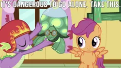 Size: 634x355 | Tagged: safe, derpibooru import, edit, edited screencap, editor:undeadponysoldier, screencap, scootaloo, spike, tank, dragon, pegasus, pony, tortoise, just for sidekicks, caption, clubhouse, crusaders clubhouse, female, filly, helmet, image macro, it's dangerous to go alone take this, male, meme, raised hoof, reference, text, the legend of zelda