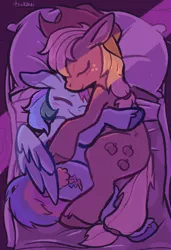 Size: 1522x2224 | Tagged: safe, artist:tsukaui, derpibooru import, applejack, rainbow dash, pony, appledash, bed, blushing, cuddling, cute, dashabetes, female, jackabetes, laying on bed, lesbian, moonbeam, night, on bed, pillow, shipping, side, sleeping