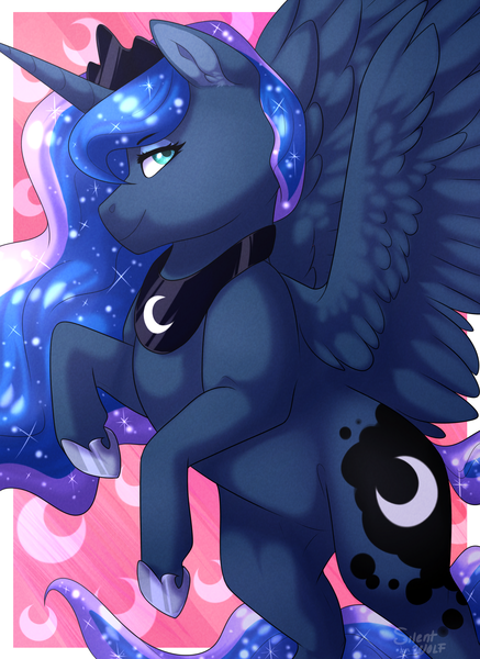 Size: 1230x1690 | Tagged: safe, artist:silentwolf-oficial, derpibooru import, princess luna, alicorn, pony, crown, cute, cutie mark, digital art, ear fluff, female, hoof shoes, jewelry, looking at you, lunabetes, mare, peytral, profile, regalia, smiling, solo, spread wings, wings