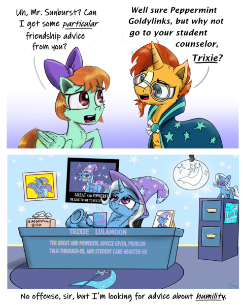 Size: 2000x2505 | Tagged: safe, artist:chopsticks, derpibooru import, peppermint goldylinks, sunburst, trixie, pegasus, pony, unicorn, a horse shoe-in, background pony, bow, cape, cheek fluff, clothes, comic, cutie mark, demotivational poster, desk, dialogue, didn't think this through, ear fluff, female, friendship student, glasses, hair bow, hat, hoof fluff, male, mare, meme, narcissism, photo, plushie, self plushidox, smug, stallion, text, trixie being trixie, trixie's cape, trixie's hat, underhoof