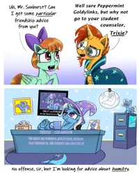 Size: 2000x2505 | Tagged: safe, artist:chopsticks, derpibooru import, peppermint goldylinks, sunburst, trixie, pegasus, pony, unicorn, a horse shoe-in, background pony, bow, cape, cheek fluff, clothes, comic, cutie mark, demotivational poster, desk, dialogue, didn't think this through, ear fluff, female, friendship student, glasses, hair bow, hat, hoof fluff, male, mare, meme, narcissism, photo, plushie, self plushidox, smug, stallion, text, trixie being trixie, trixie's cape, trixie's hat, underhoof