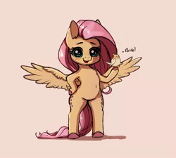 Size: 2000x1800 | Tagged: safe, artist:miokomata, derpibooru import, fluttershy, bird, pegasus, pony, belly button, bipedal, birb, blushing, captain obvious, colored hooves, cute, cute little fangs, dialogue, fangs, female, freckles, hoof on hip, mare, open mouth, simple background, solo, spread wings, wings