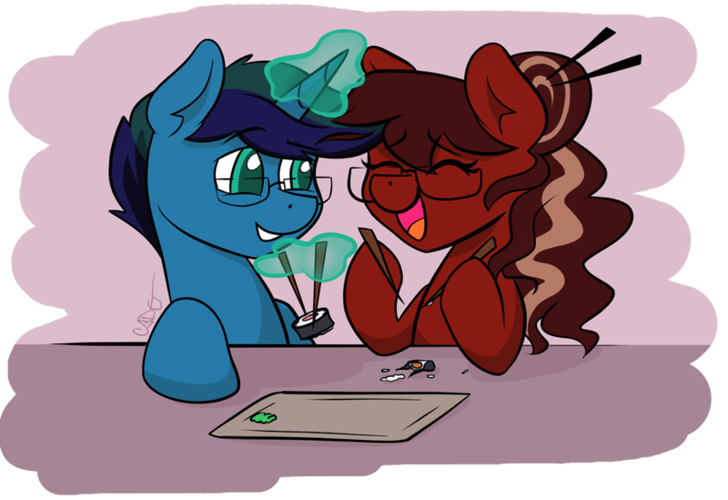 Size: 1079x741 | Tagged: safe, artist:cadetredshirt, derpibooru import, oc, oc:arioso, oc:cadetpone, unofficial characters only, earth pony, pony, unicorn, colored pupils, ear fluff, eating, eyes closed, food, glasses, laughing, looking at each other, magic, oc x oc, shipping, simple background, smiling, sushi, two toned mane