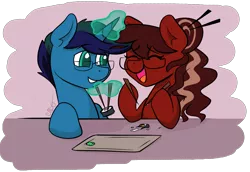 Size: 1079x741 | Tagged: safe, artist:cadetredshirt, derpibooru import, oc, oc:arioso, oc:cadetpone, unofficial characters only, earth pony, pony, unicorn, colored pupils, ear fluff, eating, eyes closed, food, glasses, laughing, looking at each other, magic, oc x oc, shipping, simple background, smiling, sushi, two toned mane