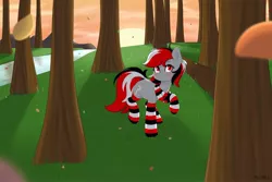 Size: 2048x1365 | Tagged: safe, artist:ev04kaa, derpibooru import, oc, oc:rifey, unofficial characters only, earth pony, pony, blushing, clothes, leaves, rcf community, scarf, socks, solo, striped socks, sun, tree