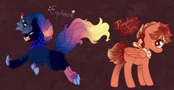 Size: 2300x1200 | Tagged: safe, artist:loryska, derpibooru import, oc, oc:equinox, oc:pumpkin spice, hybrid, pegasus, pony, ethereal mane, female, magical gay spawn, magical lesbian spawn, mare, neckerchief, offspring, parent:big macintosh, parent:cosmos, parent:donut joe, parent:princess luna, parents:cosluna, parents:donutmac, starry mane