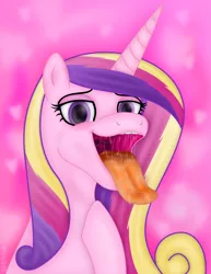 Size: 4017x5200 | Tagged: suggestive, artist:emu34b, derpibooru import, princess cadance, pony, bust, drool, drool string, female, gullet, lidded eyes, maw, mawshot, open mouth, oral invitation, saliva puddle, salivating, smiling, solo, solo female, teeth, tongue out, uvula