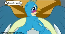 Size: 1010x525 | Tagged: suggestive, artist:metal-jacket444, derpibooru import, gallus, sandbar, earth pony, gryphon, pony, comic:silver the shipper, 2 handfuls of dat ass, ass, bed, blushing, butt, feather, gallass, gallbar, gay, hooves, imminent sex, interspecies, male, offscreen character, pov, shipping, shy, tail, wings
