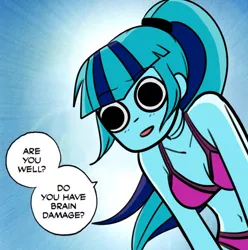 Size: 600x604 | Tagged: artist needed, source needed, safe, derpibooru import, sonata dusk, equestria girls, bikini, brain damage, clothes, dialogue, no pupils, parody, scott pilgrim vs the world, solo, speech bubble, swimsuit