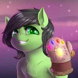 Size: 860x860 | Tagged: safe, artist:dankflank, derpibooru import, oc, oc:anonfilly, pony, avengers, bust, crystal, face, female, filly, infinity gauntlet, magic, meme, omnipotence, portrait, smiling, thanos, xk-class end-of-the-world scenario