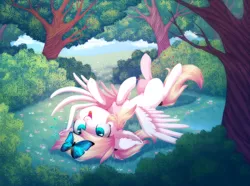 Size: 1450x1080 | Tagged: safe, artist:starrcoma, derpibooru import, oc, oc:luftkrieg, butterfly, pegasus, pony, aryan, aryan pony, blonde, bush, chest fluff, cute, dock, ear fluff, female, filly, forest, hairpin, looking up, luftkriebetes, lying down, nazipone, on back, tree, wings