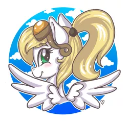 Size: 1761x1699 | Tagged: safe, artist:lytlethelemur, derpibooru import, oc, oc:luftkrieg, pegasus, pony, aryan, aryan pony, blonde, bust, circle, cloud, cute, face, female, filly, goggles, happy, image, looking back, luftkriebetes, nazipone, png, ponytail, portrait, rear view, sky, smiling