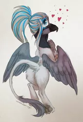 Size: 700x1028 | Tagged: safe, artist:lonerdemiurge_nail, derpibooru import, oc, oc:rio azura, unofficial characters only, gryphon, butt, commission, explicit source, female, griffon oc, heart, looking at you, looking back, looking back at you, paws, plot, ponytail, solo, underpaw