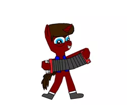 Size: 960x792 | Tagged: safe, derpibooru import, oc, oc:flare gun, unofficial characters only, pony, unicorn, accordion, bipedal, clothes, looking at you, musical instrument, polka, shoes, simple background, smiling, solo, vest, white background