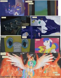 Size: 2250x2885 | Tagged: safe, artist:perfectblue97, derpibooru import, princess celestia, princess luna, alicorn, earth pony, pegasus, pony, unicorn, comic:shadows of the past, bed, bunk bed, canterlot, canterlot castle, comic, fire, flashback, foal, glass, glowing horn, horn, magic, magic mirror, royal guard, telekinesis