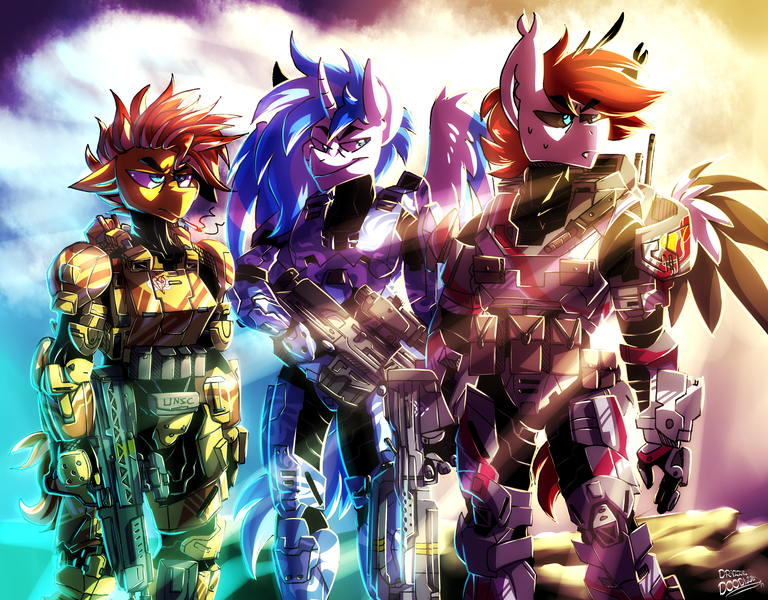 Size: 3065x2394 | Tagged: safe, artist:crimmo, artist:drizziedoodles, derpibooru import, oc, oc:crimson quill, oc:honey drizzle, oc:snowstorm, unofficial characters only, alicorn, anthro, earth pony, pegasus, alicorn oc, armor, battle rifle, cigarette, designated marksman rifle, dmr, earth pony oc, gun, halo (series), horn, knife, male, pegasus oc, rifle, scowl, smiling, smirk, sniper rifle, spartan, weapon, wings