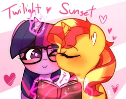 Size: 1268x1000 | Tagged: safe, artist:riukime, derpibooru import, sci-twi, sunset shimmer, twilight sparkle, pony, book, eyes closed, female, glasses, kissing, lesbian, scitwishimmer, shipping, sunsetsparkle