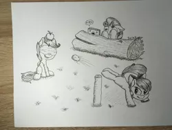 Size: 4032x3024 | Tagged: apple, apple bloom, artist:stink111, cutie mark crusaders, derpibooru import, food, safe, scootaloo, sweetie belle, this will end in pain, this will end in tears, this will not end well, traditional art, william tell