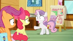 Size: 1600x900 | Tagged: safe, derpibooru import, screencap, apple bloom, scootaloo, sweetie belle, pony, growing up is hard to do, bag, bar chart, chart, clubhouse, crate, crusaders clubhouse, cutie mark crusaders, easel, grid, pie chart, saddle bag, window