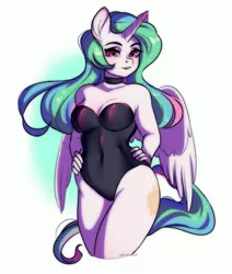 Size: 1833x2160 | Tagged: 2 handfuls of dem hips, alicorn, anthro, artist:yukomaussi, bare shoulders, breasts, bunnylestia, bunny suit, busty princess celestia, clothes, derpibooru import, female, hand on hip, leotard, mare, princess celestia, safe, sexy, solo, swimsuit, wings