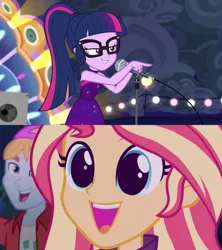 Size: 600x676 | Tagged: safe, derpibooru import, edit, edited screencap, screencap, fry lilac, sci-twi, sunset shimmer, twilight sparkle, equestria girls, equestria girls series, spring breakdown, sunset's backstage pass!, spoiler:eqg series (season 2), all good (song), backstage pass, beautiful, close-up, cute, eye reflection, glasses, happy, implied lesbian, implied shipping, implied sunsetsparkle, logo, microphone, reflection, sexy, shimmerbetes, singing, sleeveless, smiling, wide eyes