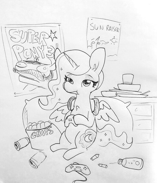 Size: 1320x1535 | Tagged: safe, artist:tjpones, derpibooru import, princess luna, alicorn, pony, gamer luna, black and white, chips, controller, food, grayscale, headphones, hoof hold, monochrome, pencil drawing, solo, traditional art