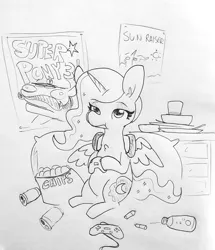 Size: 1320x1535 | Tagged: safe, artist:tjpones, derpibooru import, princess luna, alicorn, pony, gamer luna, black and white, chips, controller, food, grayscale, headphones, hoof hold, monochrome, pencil drawing, solo, traditional art