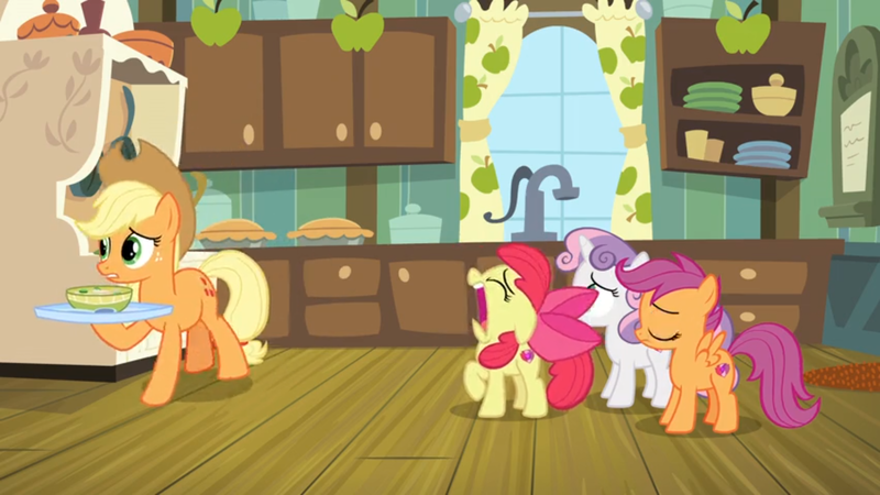 Size: 1600x900 | Tagged: apple bloom, applejack, bowl, cabinet, complaining, cup, curtains, cutie mark crusaders, derpibooru import, faic, food, growing up is hard to do, jar, kitchen, plate, plates, sad, safe, scootaloo, screencap, sink, soup, stove, sweetie belle, window