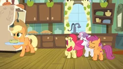 Size: 1600x900 | Tagged: apple bloom, applejack, bowl, cabinet, complaining, cup, curtains, cutie mark crusaders, derpibooru import, faic, food, growing up is hard to do, jar, kitchen, plate, plates, sad, safe, scootaloo, screencap, sink, soup, stove, sweetie belle, window
