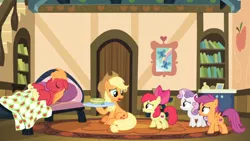 Size: 1600x900 | Tagged: apple bloom, applejack, big macintosh, blanket, book, bookshelf, bowl, butterfly, carpet, couch, cutie mark crusaders, derpibooru import, door, food, growing up is hard to do, picture frame, pillow, plate, pouting, rainbow, rug, safe, scootaloo, screencap, shelf, sick, soup, spoon, sweetie belle