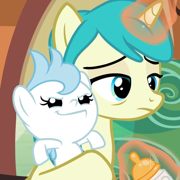 Size: 1080x1080 | Tagged: safe, derpibooru import, screencap, bright morning, cloudy winds, cotton chip, pony, unicorn, growing up is hard to do, baby, baby bottle, baby pony, cropped, cute, daughter, female, like mother like daughter, magic, mother, mother and child, mother and daughter, tired