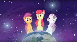 Size: 2880x1578 | Tagged: safe, derpibooru import, screencap, apple bloom, scootaloo, sweetie belle, pony, growing up is hard to do, adorabloom, cute, cutie mark crusaders, diasweetes, equus, macro, older, older apple bloom, older cmc, older scootaloo, older sweetie belle, planet, pony bigger than a planet, smiling, space, stars