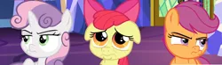 Size: 3060x904 | Tagged: safe, derpibooru import, edit, edited screencap, screencap, apple bloom, scootaloo, sweetie belle, pony, growing up is hard to do, adorabloom, cute, cutie mark crusaders, panorama, pouting, pouty, pouty lips, sad, sad eyes, twilight's castle, unamused, upset