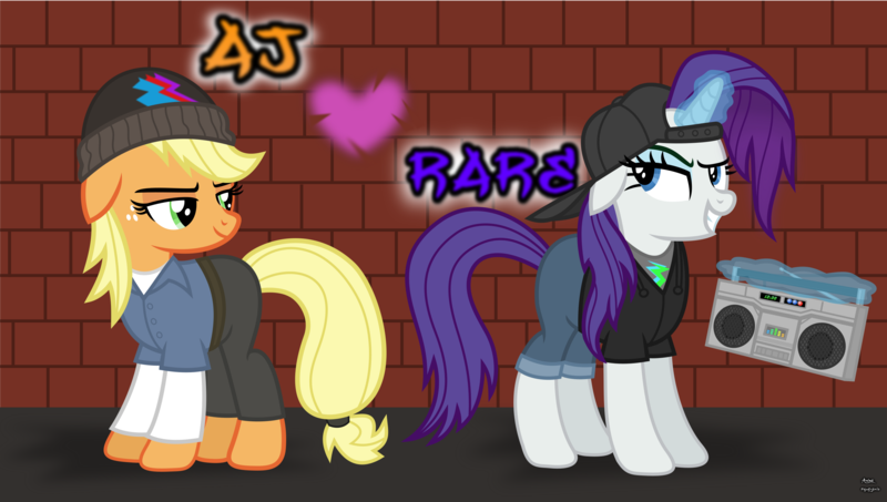 Size: 2848x1614 | Tagged: safe, artist:anime-equestria, derpibooru import, applejack, rarity, pony, unicorn, alternate hairstyle, backwards ballcap, baseball cap, beanie, belt, boombox, brick wall, cap, clothes, cute, duo, eyeshadow, female, glowing horn, graffiti, hat, hip hop, hoodie, horn, jeans, lesbian, long sleeves, magic, makeup, mare, pants, rarijack, shipping, shirt, smiling, smirk, vector