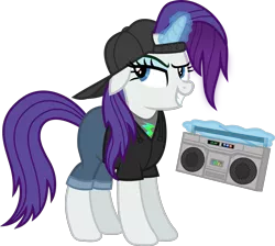 Size: 1527x1369 | Tagged: safe, artist:anime-equestria, derpibooru import, rarity, pony, unicorn, alternate hairstyle, backwards ballcap, baseball cap, boombox, cap, clothes, eyeshadow, female, glowing horn, hat, hip hop, hoodie, horn, jeans, magic, makeup, mare, pants, shirt, simple background, smiling, smirk, solo, transparent background, vector