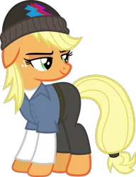 Size: 1001x1301 | Tagged: safe, artist:anime-equestria, derpibooru import, applejack, earth pony, pony, alternate hairstyle, beanie, belt, clothes, female, freckles, hat, hip hop, jeans, long sleeved shirt, mare, pants, shirt, simple background, smiling, solo, transparent background, vector